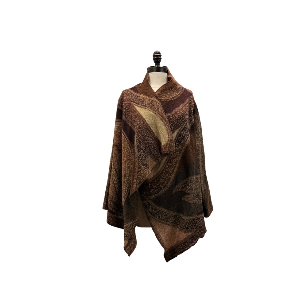 Baba Open Front Cardigan Women OS Brown Excellent Wool Paisley Draped Wrap